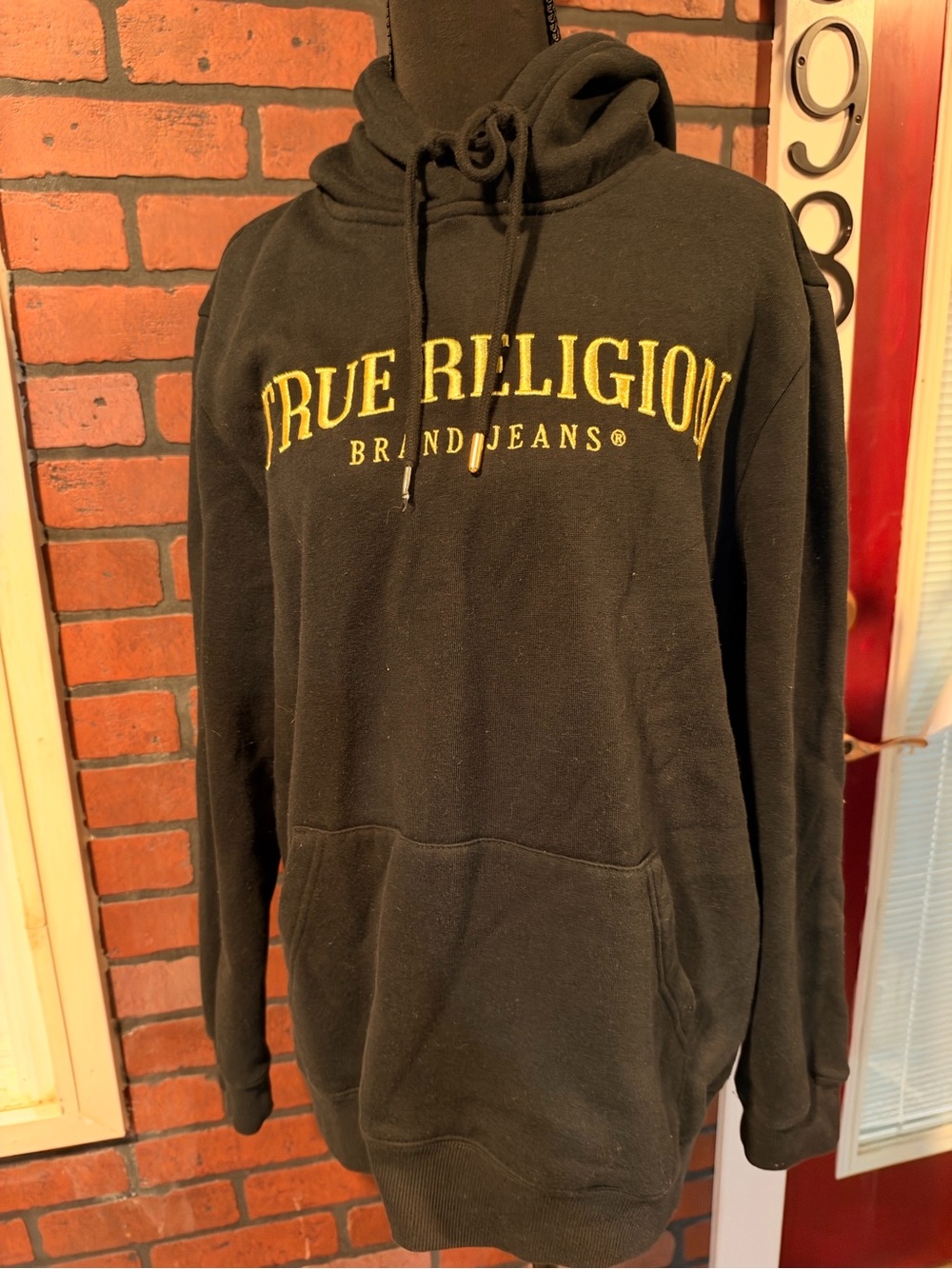 True Religion Black Pullover Hoodie with Yellow Arch Logo